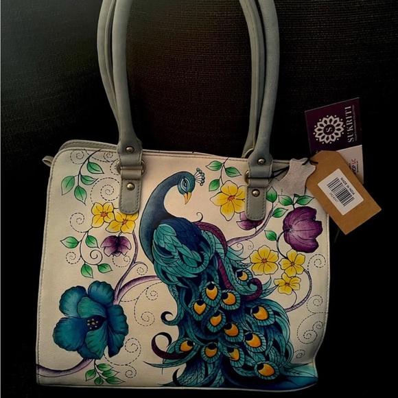 SUKRITI Blue 100% Genuine Leather Hand Painted Peacock Shoulder Bag Handbag - Picture 2 of 4